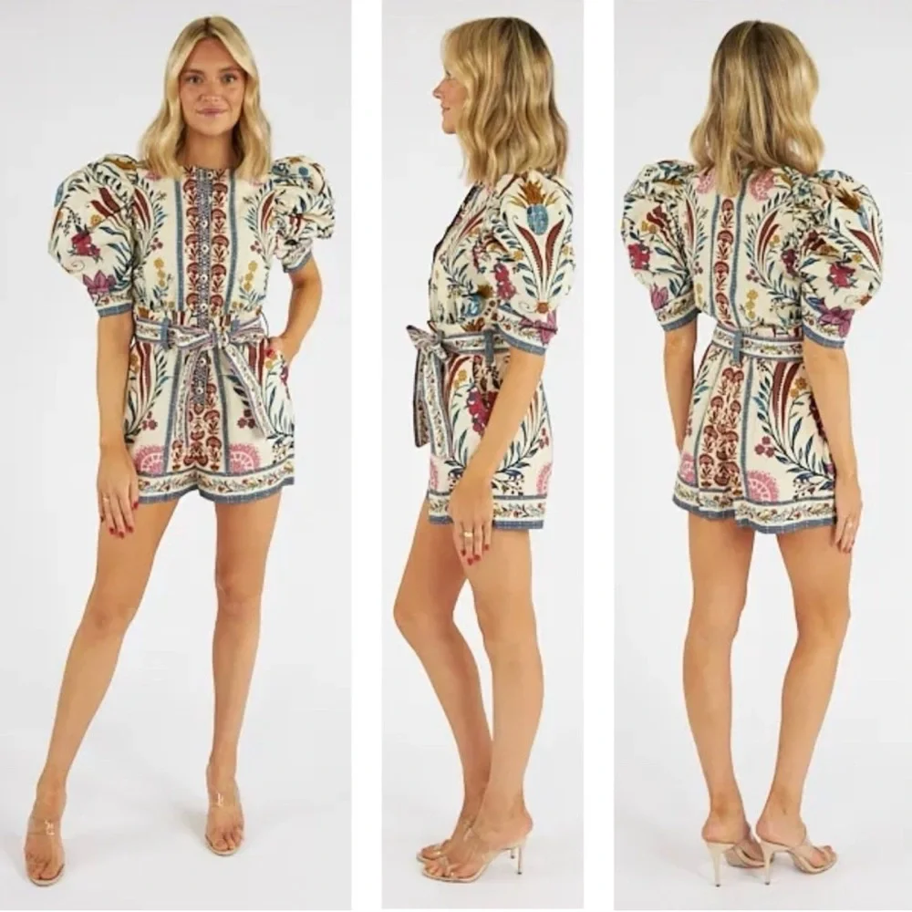 NWT FARM Rio Romantic Lightness Puff Short Sleeve Romper in Blue Pattern Size S - Picture 16 of 16